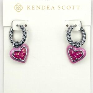 KENDRA SCOTT Ari Heart Silver Enamel Frame Huggies in Pink Iridescent NEW